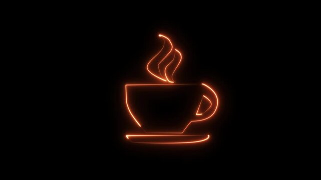 Neon coffee cup icon on black background with glowing effect around it 4K video animation.