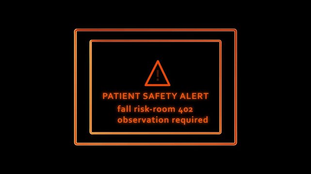 Monochrome Digital Patient Safety Alert Screen Showing Fall Risk Warning For Room 402 Requiring Urgent Nursing Observation And Hospital Monitoring.