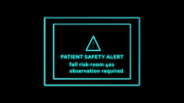 Monochrome Digital Patient Safety Alert Screen Showing Fall Risk Warning For Room 402 Requiring Urgent Nursing Observation And Hospital Monitoring.