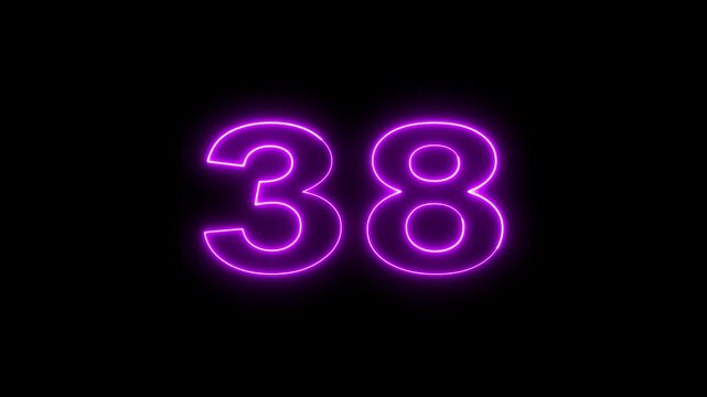 Neon number 38 glowing in dark motion background vibrant purple electric sign animation.