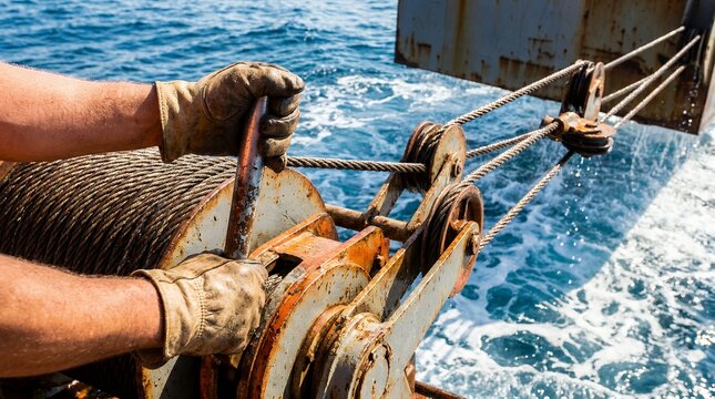 Dockworker adjusting hydraulic winch lever on offshore barge. Rough gloved hands operating heavy marine machinery controls at sea.