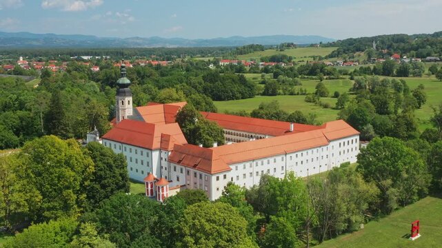 Aerial view of Cistercian monastery in town of Kostanjevica na Krki, Slovenia, Europe