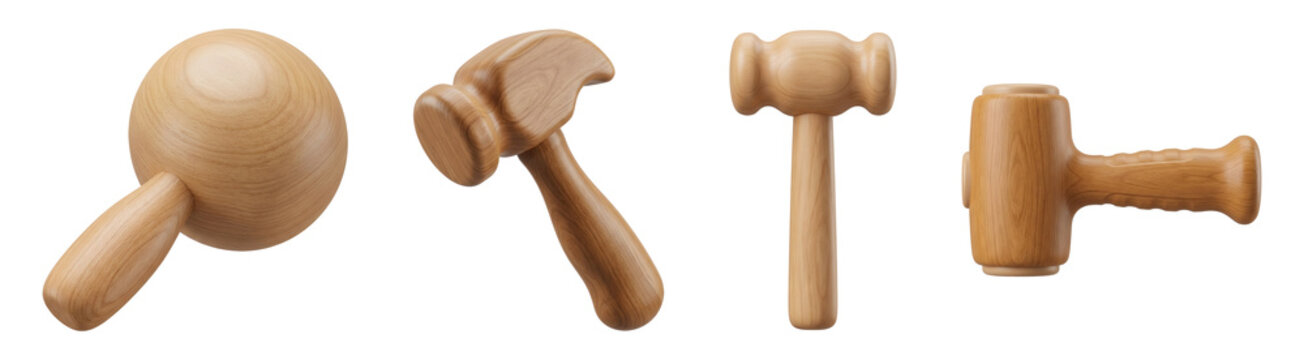 Set of four stylized wooden hammers featuring smooth polished textures and rounded ergonomic shapes isolated on white on transparent background