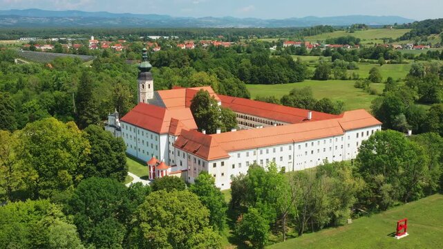 Aerial view of Cistercian monastery in town of Kostanjevica na Krki, Slovenia, Europe