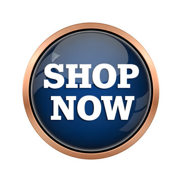 Red circular shop now button with blue background