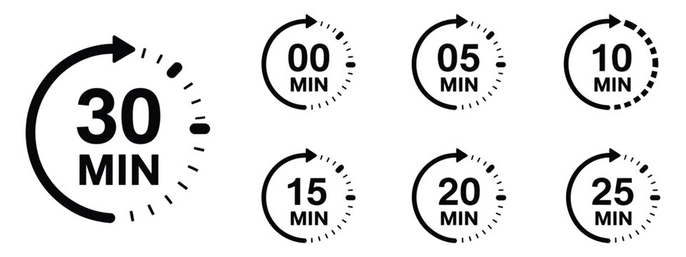 Countdown timer icons featuring 0, 5, 10, 15, 20, 25, and 30 minute circular arrows, stopwatch symbols, time tracking, scheduling, and vector illustration.