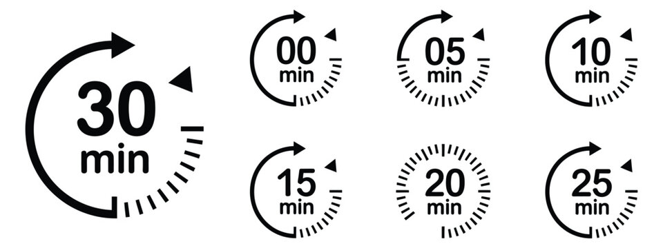 Countdown timer icons featuring 0, 5, 10, 15, 20, 25, and 30 minute circular arrows, stopwatch symbols, time tracking, scheduling, and vector illustration.