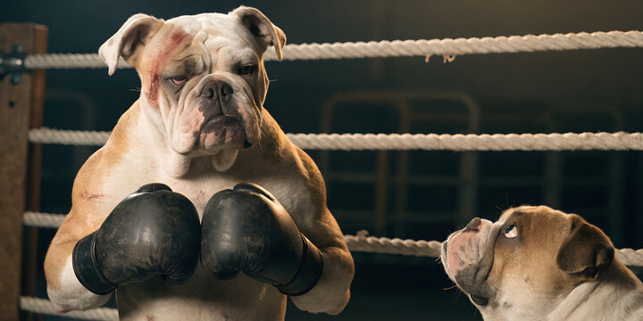  The Battle-Scarred Bulldog Boxer Standing Resilient in the Corner of the Ring Beside His Concerned Corner Companion