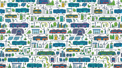 Fototapeta premium Eco-friendly public transport: electric buses, trams, solar panels, wind turbines