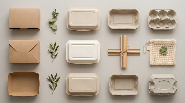 Flat lay of biodegradable kraft paper packaging and compostable containers with copy space, sustainable packaging concept