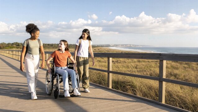 Diverse Group of Young Girls Exploring Coastal Boardwalk with Wheelchair, Enjoying Summer Holiday Adventure Together