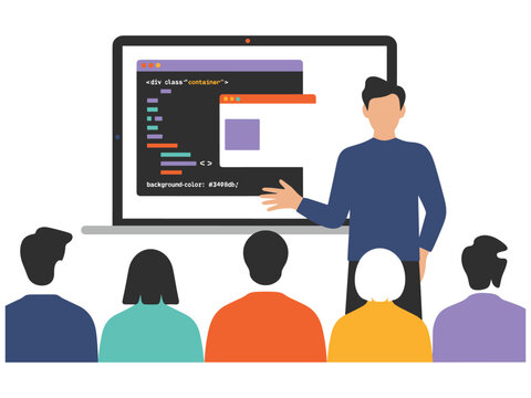 Instructor teaching web development to a group of students in a classroom setting