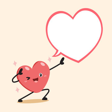 Cute heart character pointing to heart speech bubble cartoon vector illustration