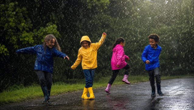 Happy multiracial children in colorful raincoats and boots joyfully jumping and laughing together in a summer rain shower