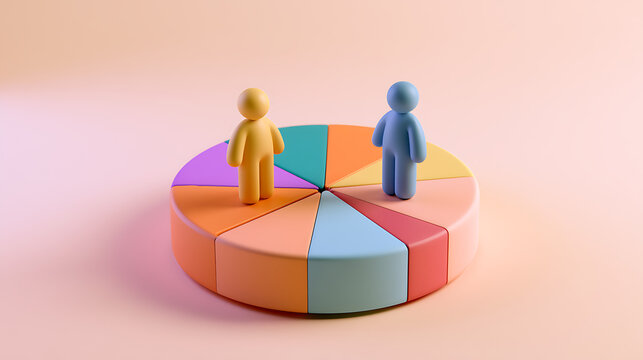 Tiny People Figuren Stand on a Multicolored Pie Chart, Illustrates Data Divison, Teamwork and Strategy for Business and Work
