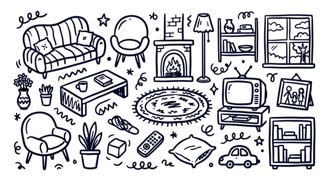 Set of hand-drawn living room furniture and home decor doodle icons for interior design and cozy spaces
