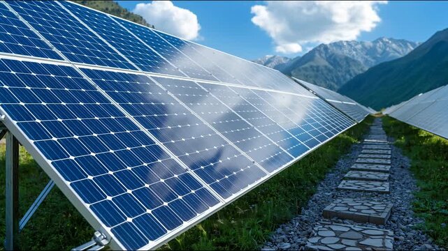 Rows of blue photovoltaic panels installed on a grassy hillside with stone pathways and mountain backdrop under a bright sky.