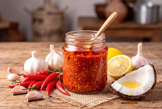 Glass jar of spicy red pili pili chili sauce with garlic, lemon, and coconut on wooden table.