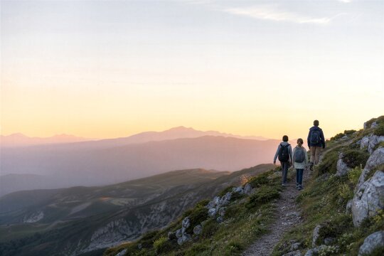 Family with backpacks hiking a mountain trail at sunrise, walking uphill with a scenic golden sky and distant peaks