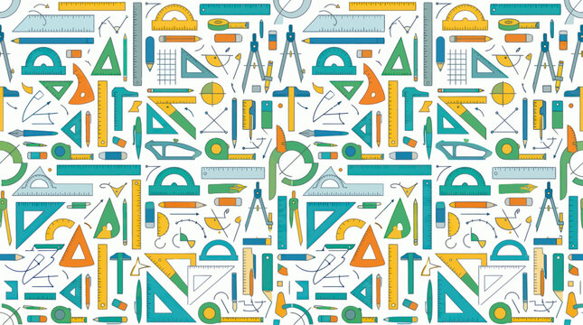 Colorful Hand-Drawn Education Math Tools Seamless Pattern. Geometric Instruments Vector Background for School Design