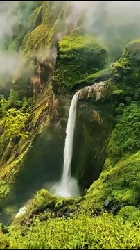 Tall waterfall plunges down mossy rocky cliffs, lush green foliage frames flowing white water, mist rises soft from deep rocky gorge