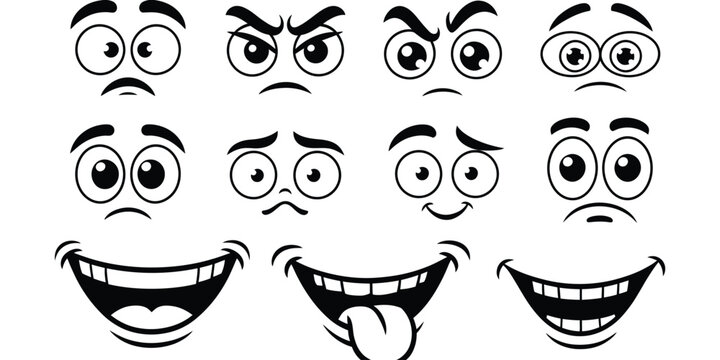Cartoon facial expression elements vector illustration for character design, animation projects, emotion symbols, creative storytelling, and digital artwork.