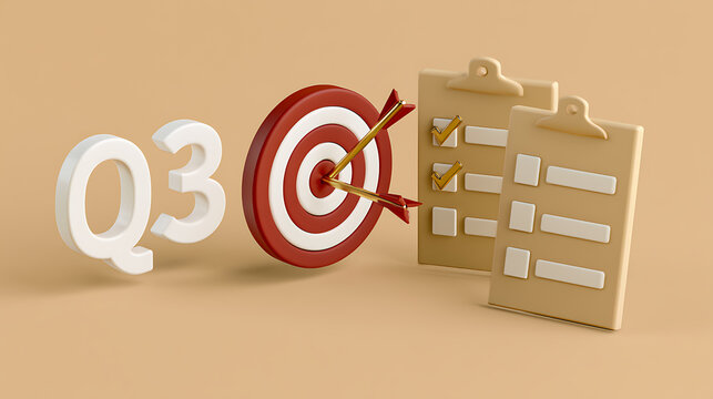 Optimized Q3 Business Goals: Quarter Three Planning and Achievement with Targets, Arrows, and Task Lists on a Clean Background