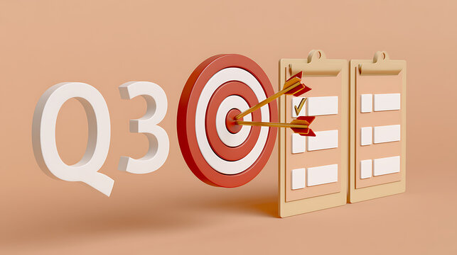 Abstract Q3 Business Success: Archery Target with Arrows, Goal Achievement, Task List, and Strategic Planning on a Warm Background
