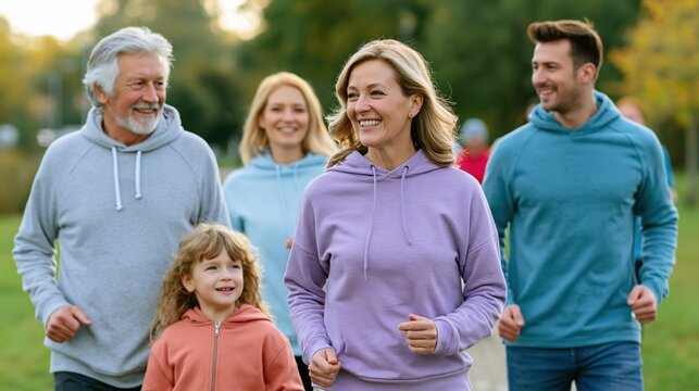 Three generation family jogging together in botanical park