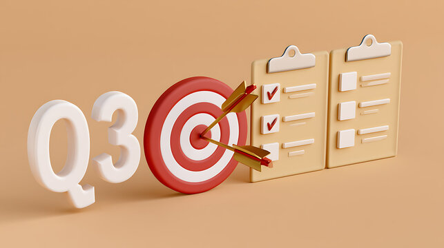 Quarter three business goals with targeted success, achievement, and strategic planning, represented by Q3, a bullseye, and checklists