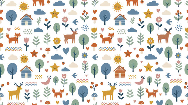 Cute Flat Vector Seamless Pattern with Forest Animals, Trees, Houses  Nature Elements for Kids  Baby Design