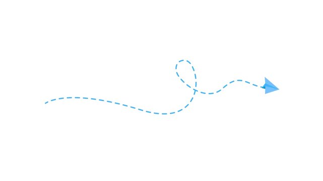 Animated blue paper airplane flying along a dashed path line on a clean white background. Perfect for travel, message, and concept video.
