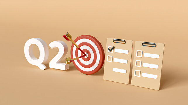 Business Quarter Two Goals and Achievements: Q2 Symbol, Archery Target with Arrows, and Checklists Illustrate Strategic Planning