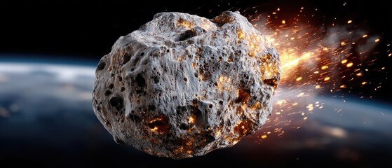 Fototapeta premium Massive meteorite plummets to Earth, glowing orange and emitting sparks against the dark space backdrop with Earth in view