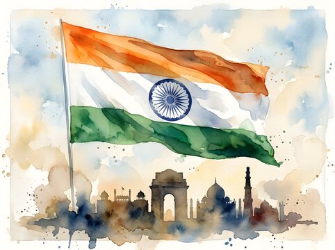 Watercolor illustration of the indian flag with a silhouette of landmarks