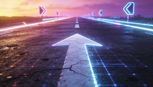 Dynamic road scene at sunset with digital overlay, featuring a prominent arrow indicating forward movement and glowing light trails on the asphalt, symbolizing progress and innovation