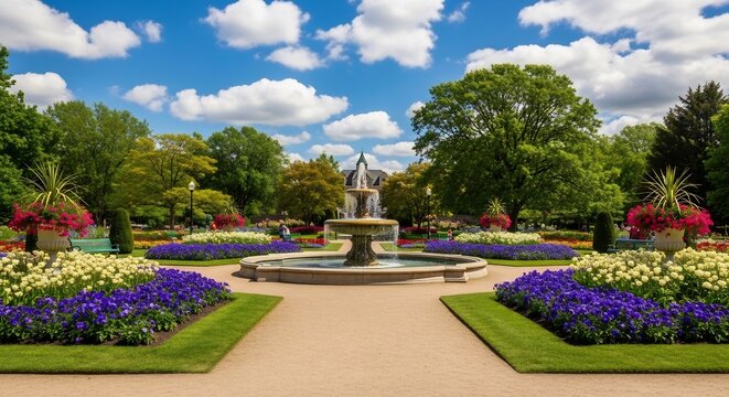 Blooming park with a fountain in the spring season