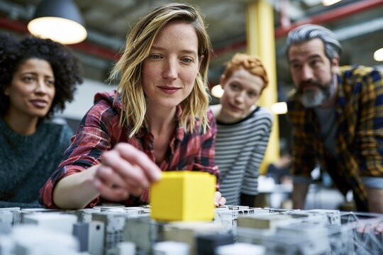Innovation facilitator placing yellow prototype block in modular design as team observes