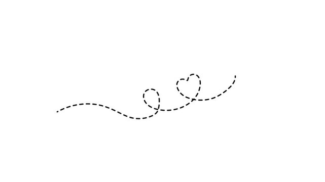 Animated black dashed line forming a heart loop path on a clean white background. Ideal for romantic travel maps, love routes, and video graphics.