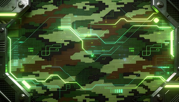 Dynamic Digital Camouflage Background with Futuristic Interface Elements for Technology, Military, and Cyber-Themed Designs, Modern Abstract Pattern