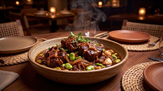 A steaming bowl of savory Zimbabwean Mazondo spicy oxtail stew served in an upscale restaurant.