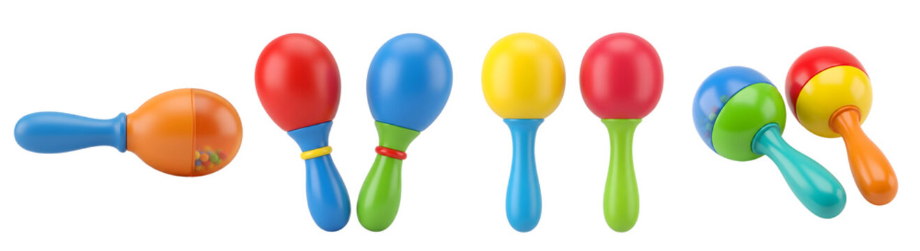 Colorful plastic baby rattle instruments arranged in various playful positions for musical creative learning activities isolated on transparent background