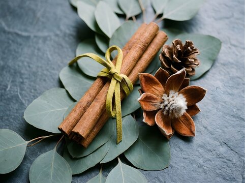Rustic autumnal decoration with cinnamon sticks and pinecone on eucalyptus
