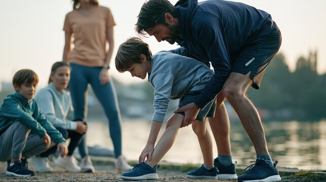 Parent helping child stretch calf during family jog on lakeside trail