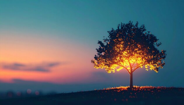 Glowing Solitary Tree on Hill at Twilight Hope and Growth Concept