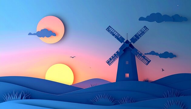 Paper Cut Style Windmill Silhouette at Sunset with Rolling Hills Landscape Concept