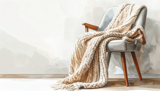 Cozy Knit Throw Blanket Draped on Armchair Hygge Home Decor Concept