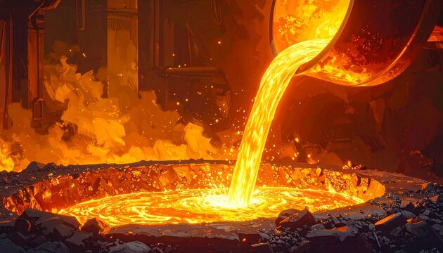 Molten Metal Pouring into Foundry Pit Glowing Orange Steel Casting Industrial Concept