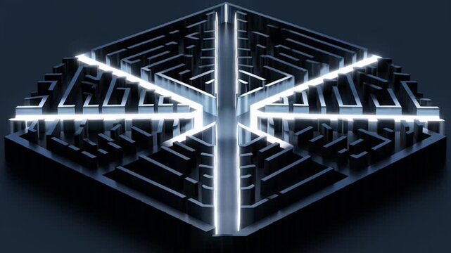 Futuristic Hexagonal Maze Structure with Glowing Neon Light Pathways.