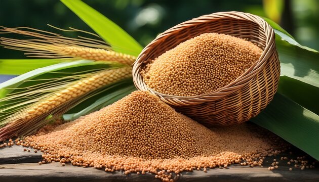 ripened finger millet grains overflow from a woven basket surrounded by lush greenery symbolizing abundance natural harvest and traditional farming practices